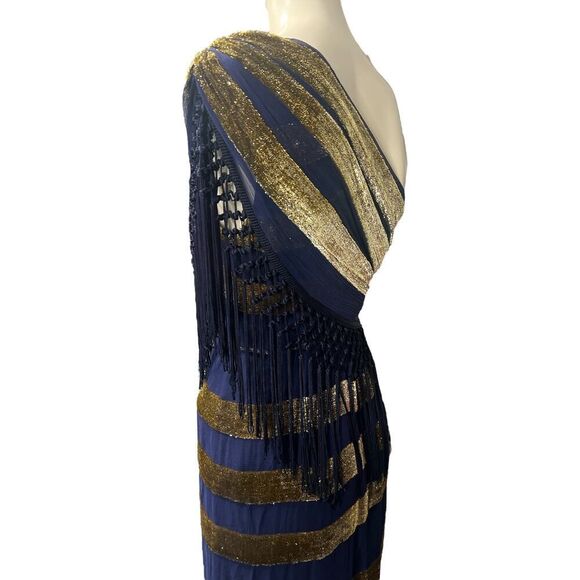 Alice McCall Dress 4 Akima Blue Gold Silk Fringe One Shoulder Party Cocktail - Picture 6 of 8